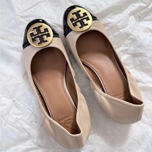 Tory Burch Black and Cream Flats with Gold Accent